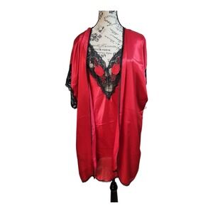 Romantic Red Satin Lace Robe Set Rose Applique Coquette Gothic‎ Lingerie L